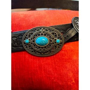 Fossil Genuine Leather Belt with Bronze Buckle Turqoise Stone Size Large NWT